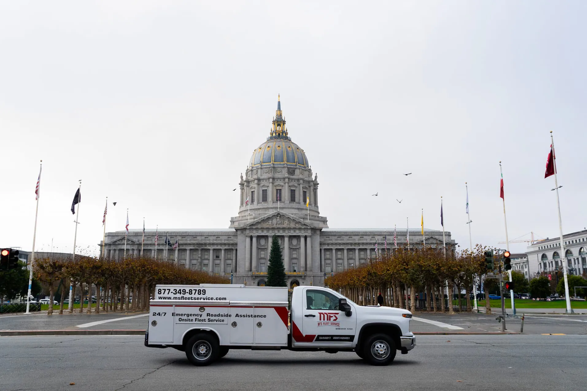 MFS Fleet Service truck in front of San Francisco City Hall