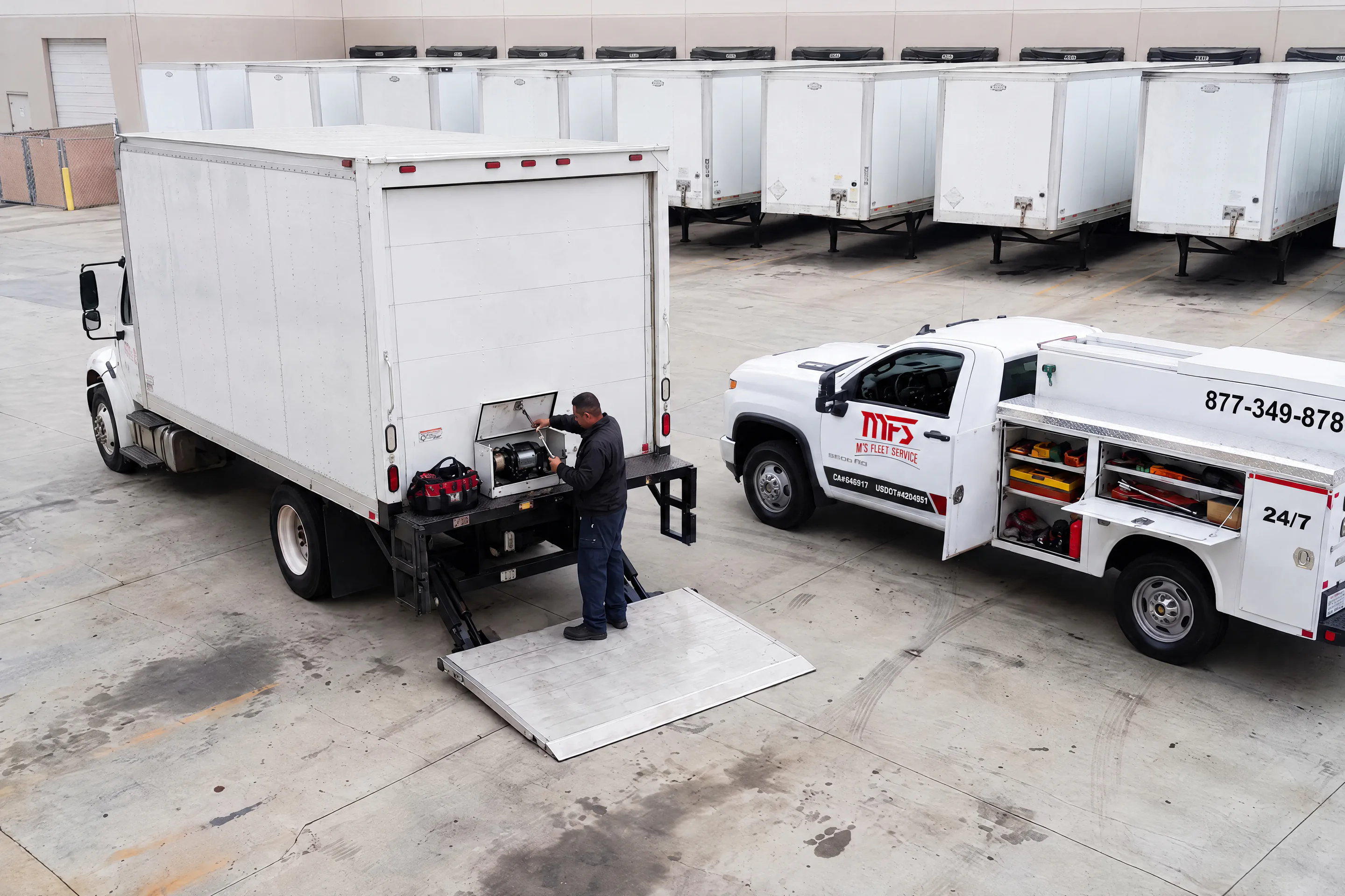 MFS technician repairing a box truck's liftgate at a distribution center