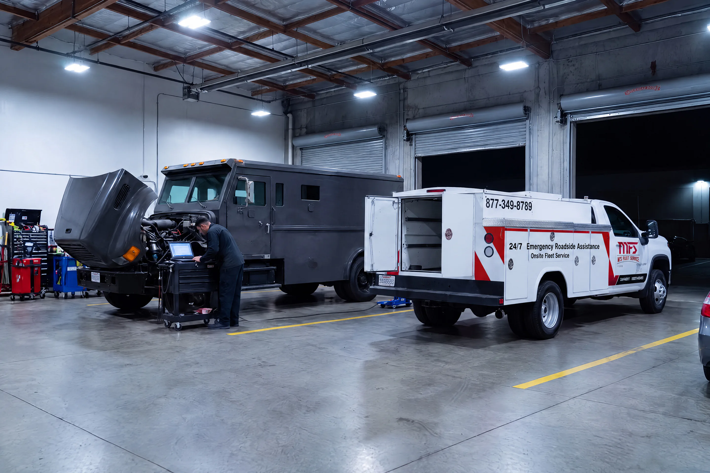 MFS technician running diagnostics on an armored truck in a secure garage