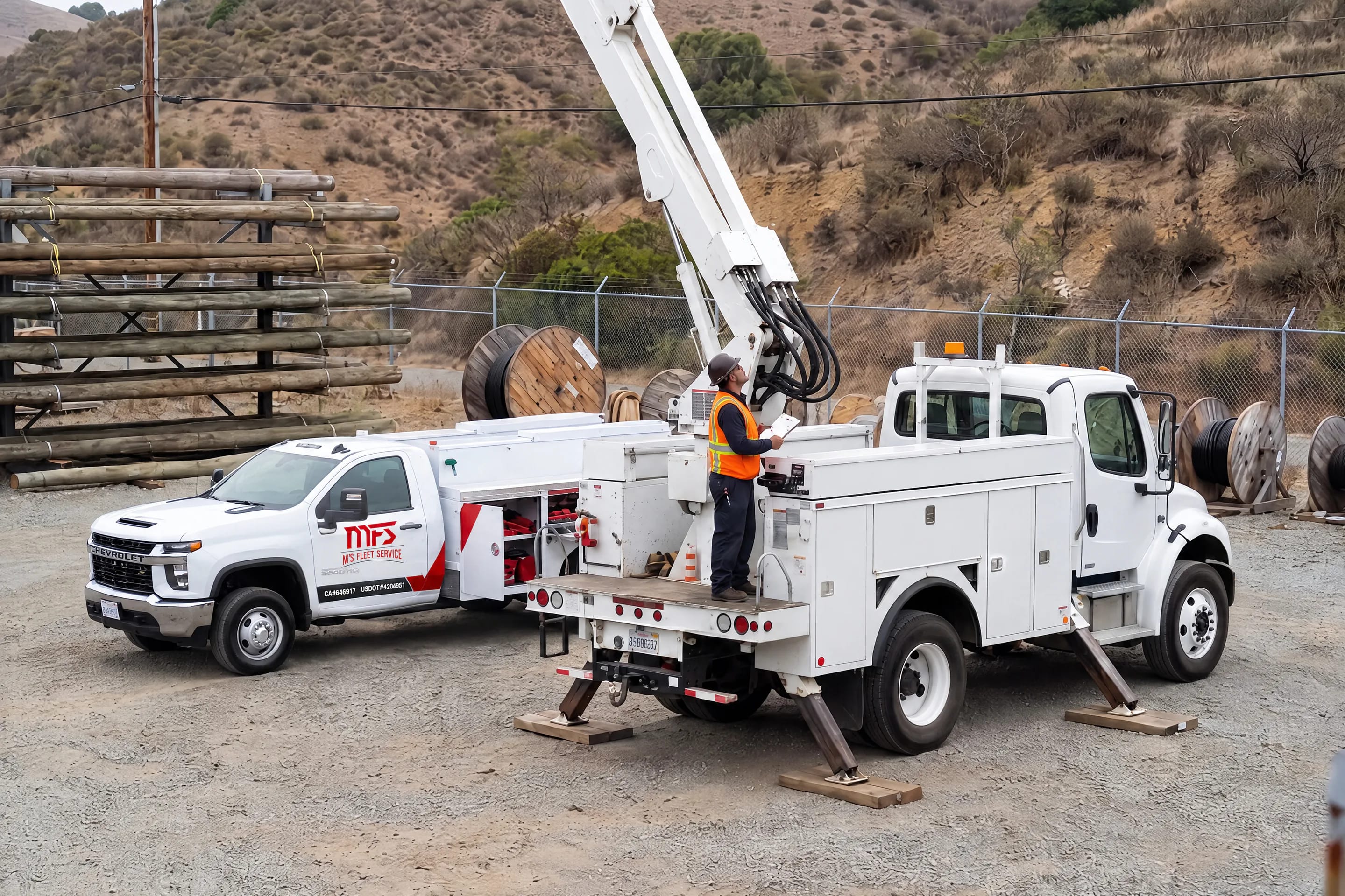 MFS technician inspecting a bucket truck's boom hydraulics in a utility yard