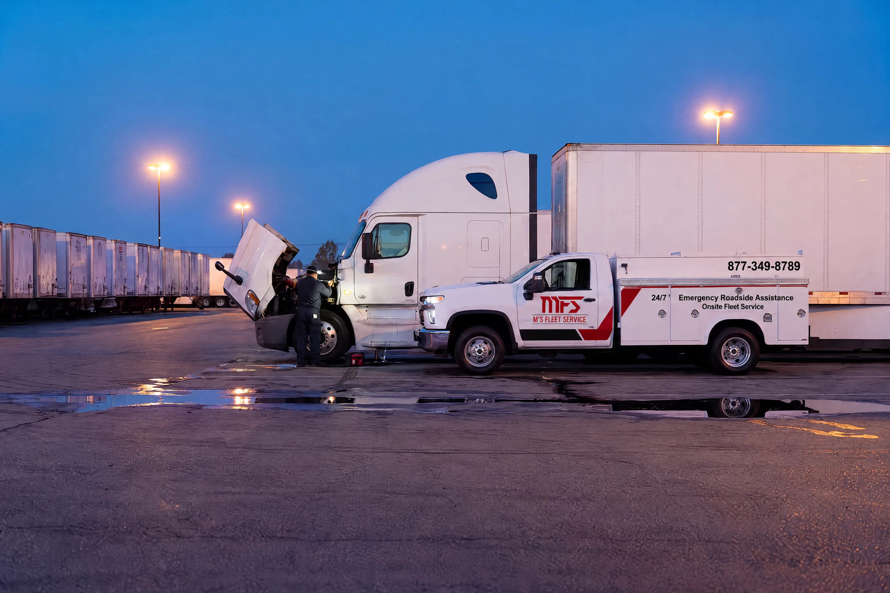 MFS technician working on a semi tractor's engine at a trucking terminal at dusk