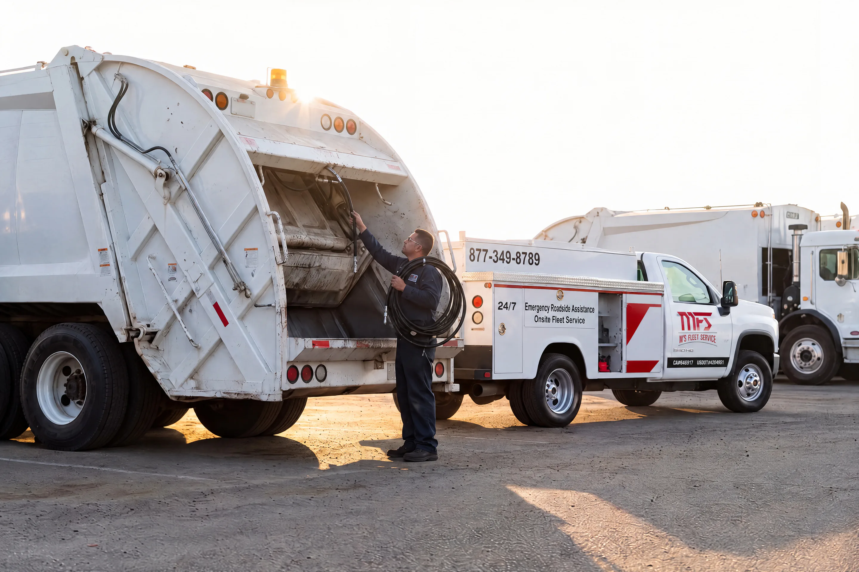 MFS technician replacing a hydraulic hose on a rear-loader garbage truck